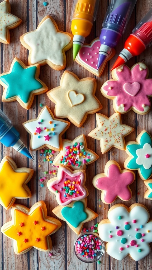 A colorful display of decorated cookies on a wooden table, with icing and sprinkles.